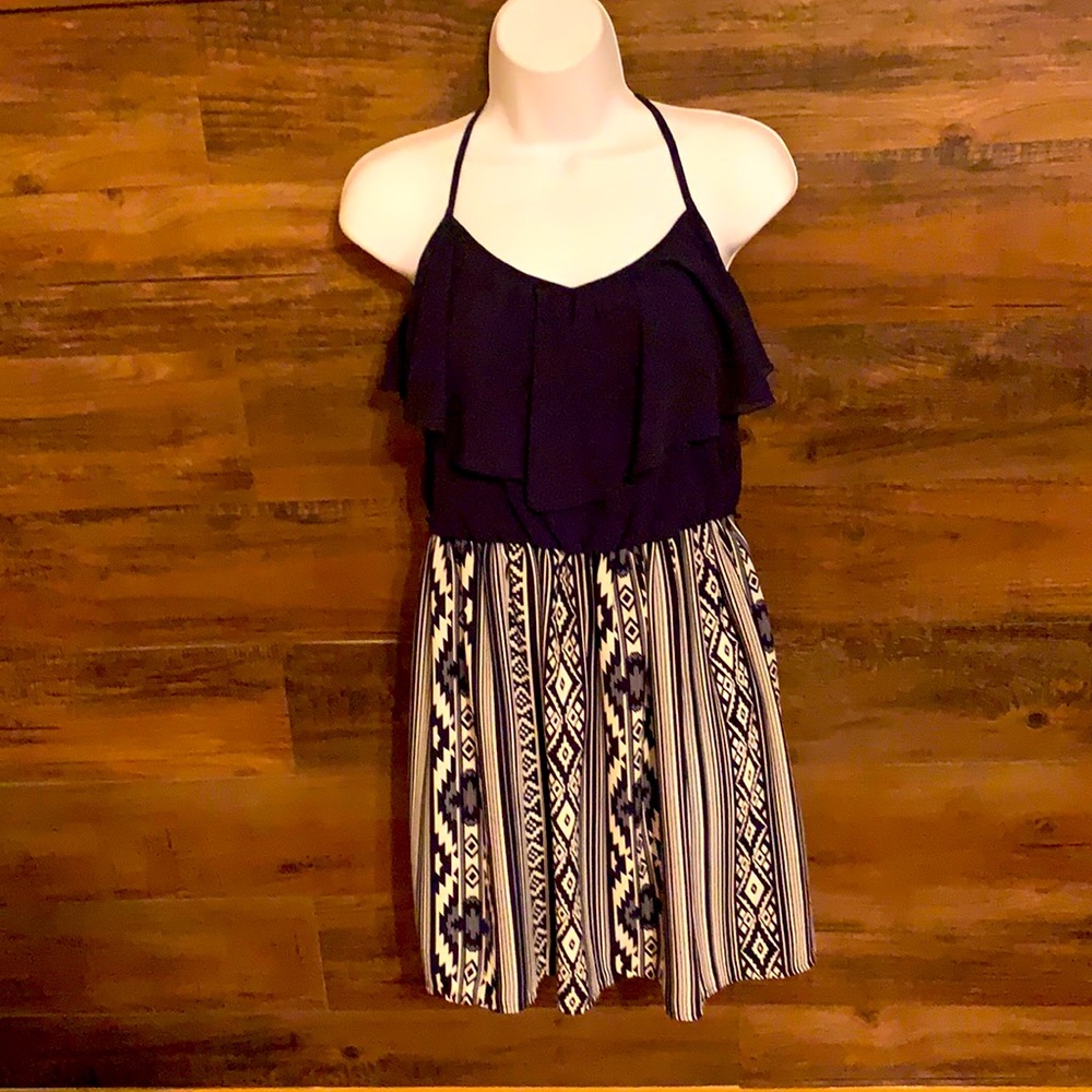 Sleeveless summer white and navy blue lightweight dress